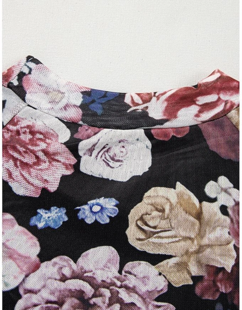 Pink Mesh Floral Print Mock Neck Long Sleeve Slim Top