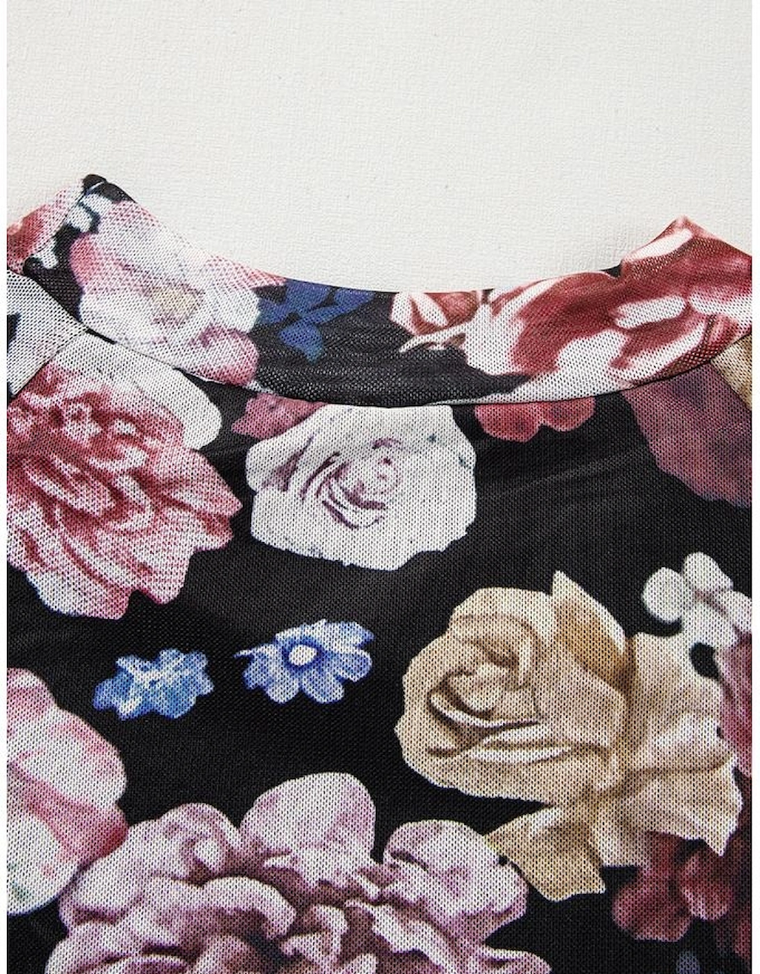 Pink Mesh Floral Print Mock Neck Long Sleeve Slim Top