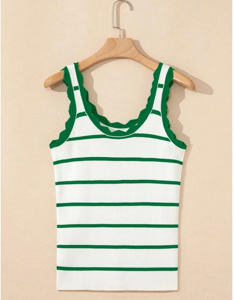 Bright Green Striped Scalloped Edge U Neck Sleeveless Sweater Vest