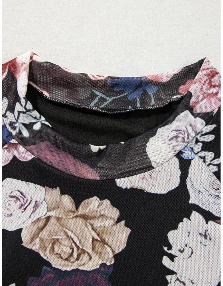 Pink Mesh Floral Print Mock Neck Long Sleeve Slim Top