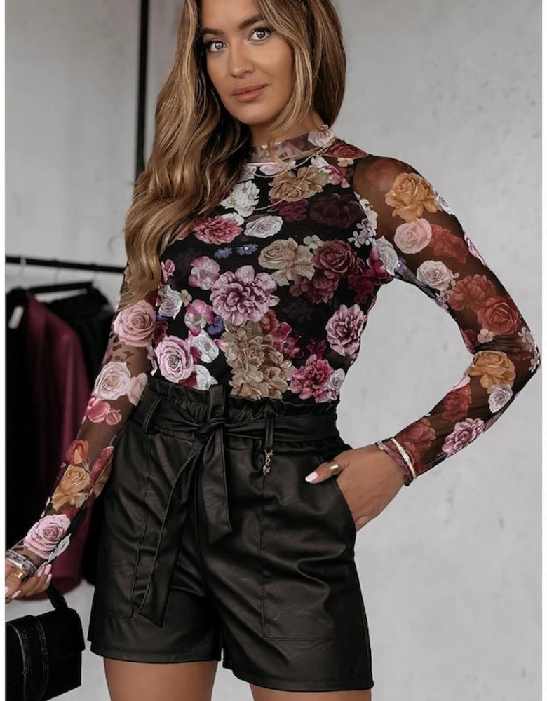Pink Mesh Floral Print Mock Neck Long Sleeve Slim Top