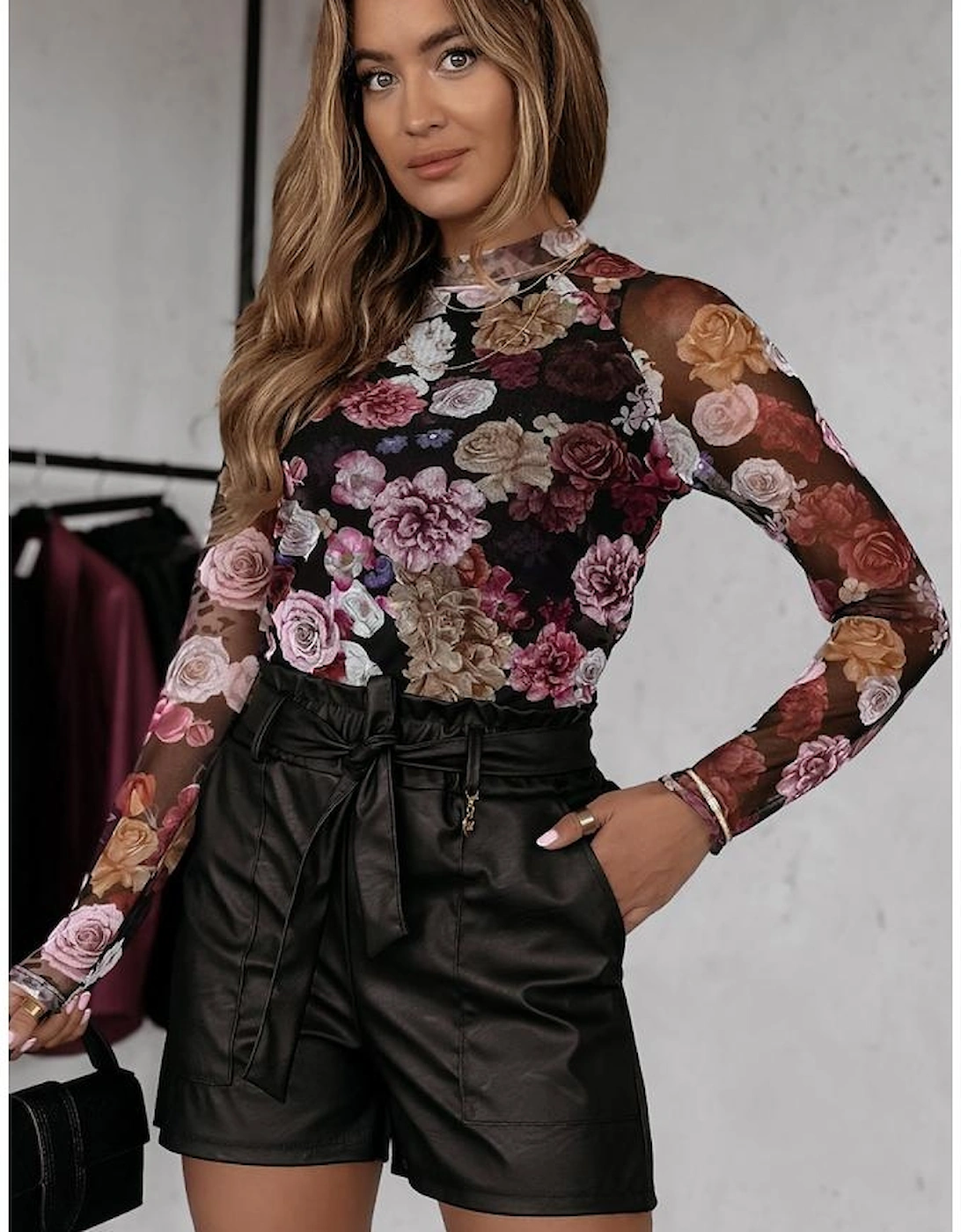 Pink Mesh Floral Print Mock Neck Long Sleeve Slim Top
