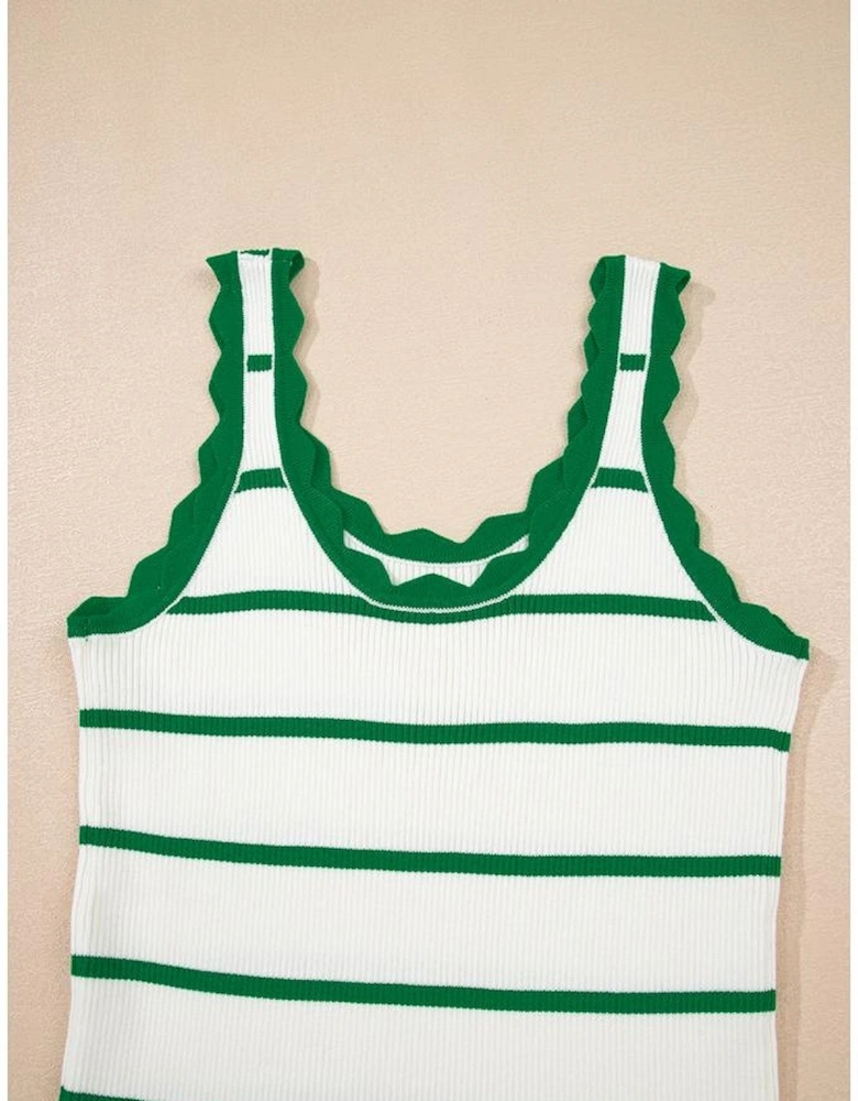 Bright Green Striped Scalloped Edge U Neck Sleeveless Sweater Vest