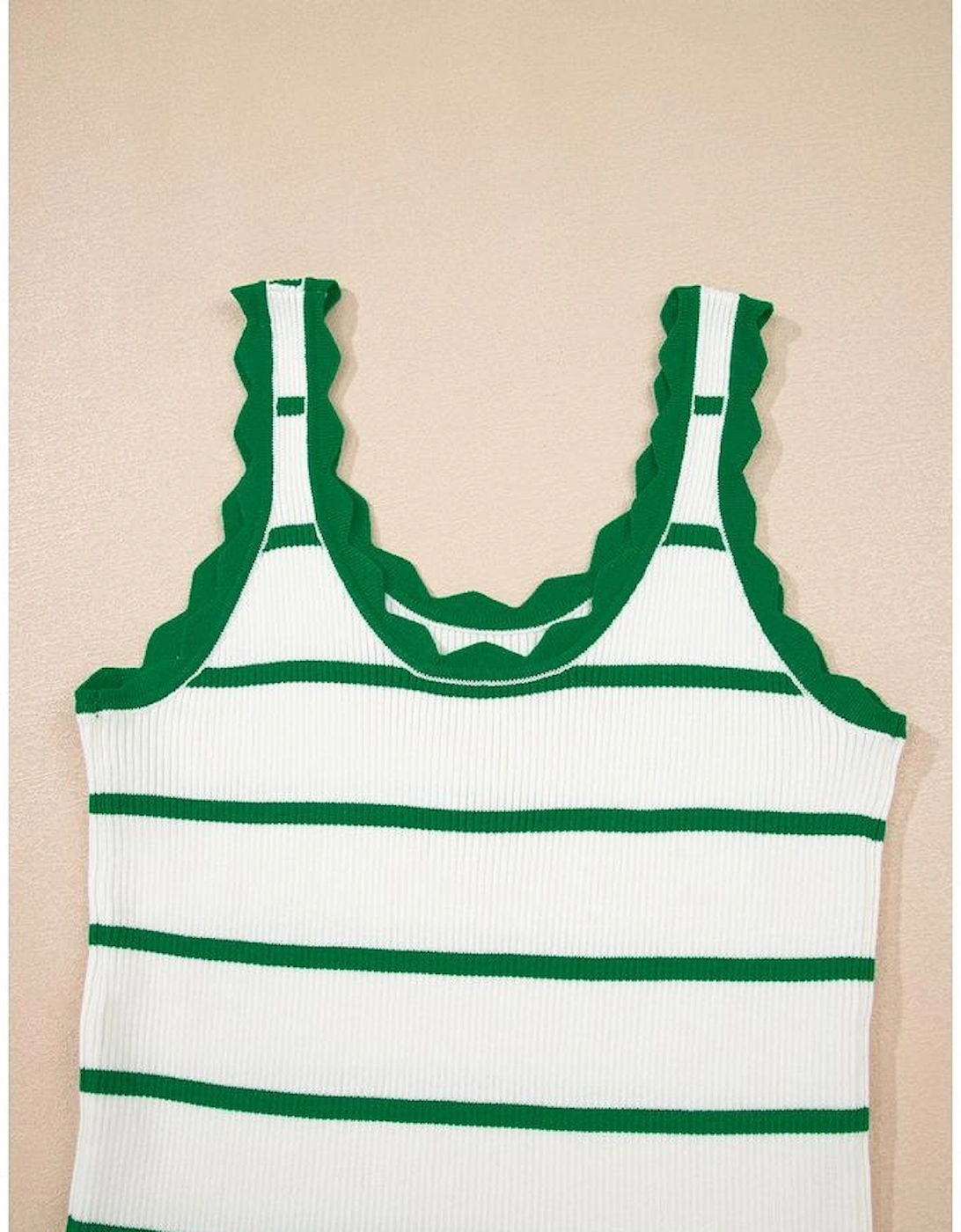 Bright Green Striped Scalloped Edge U Neck Sleeveless Sweater Vest