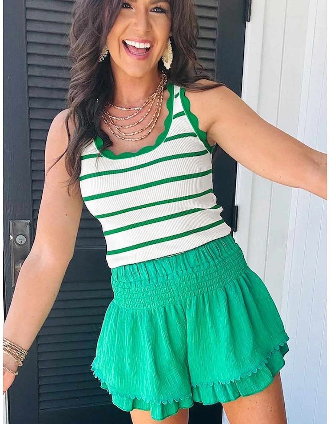 Bright Green Striped Scalloped Edge U Neck Sleeveless Sweater Vest