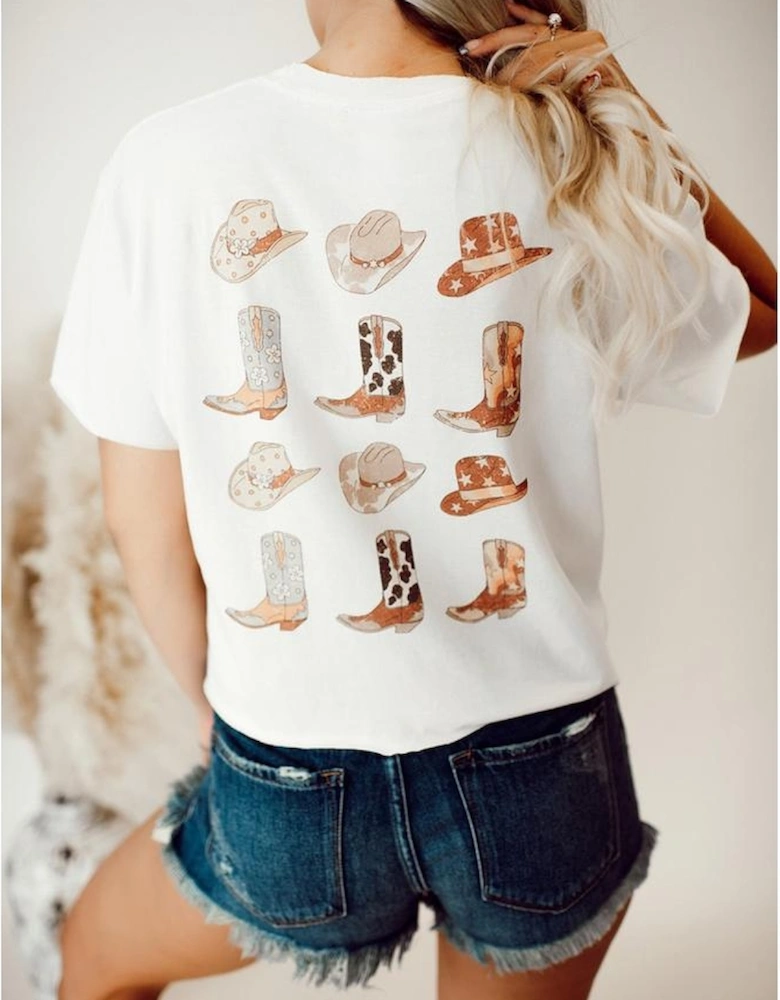 White Double-Side Cowboy Hat & Boots Graphic Tee
