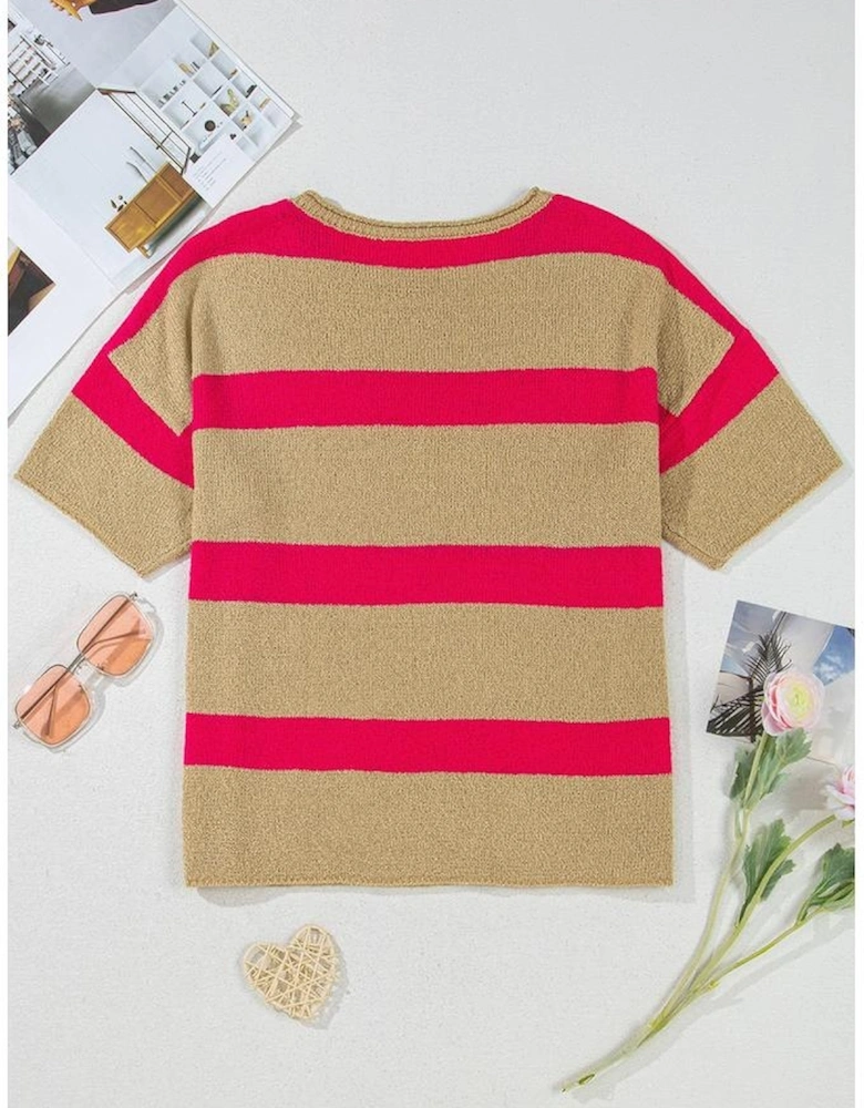 Pink Stripe Colorblock Short Sleeve Crew Neck Lightweight Sweater
