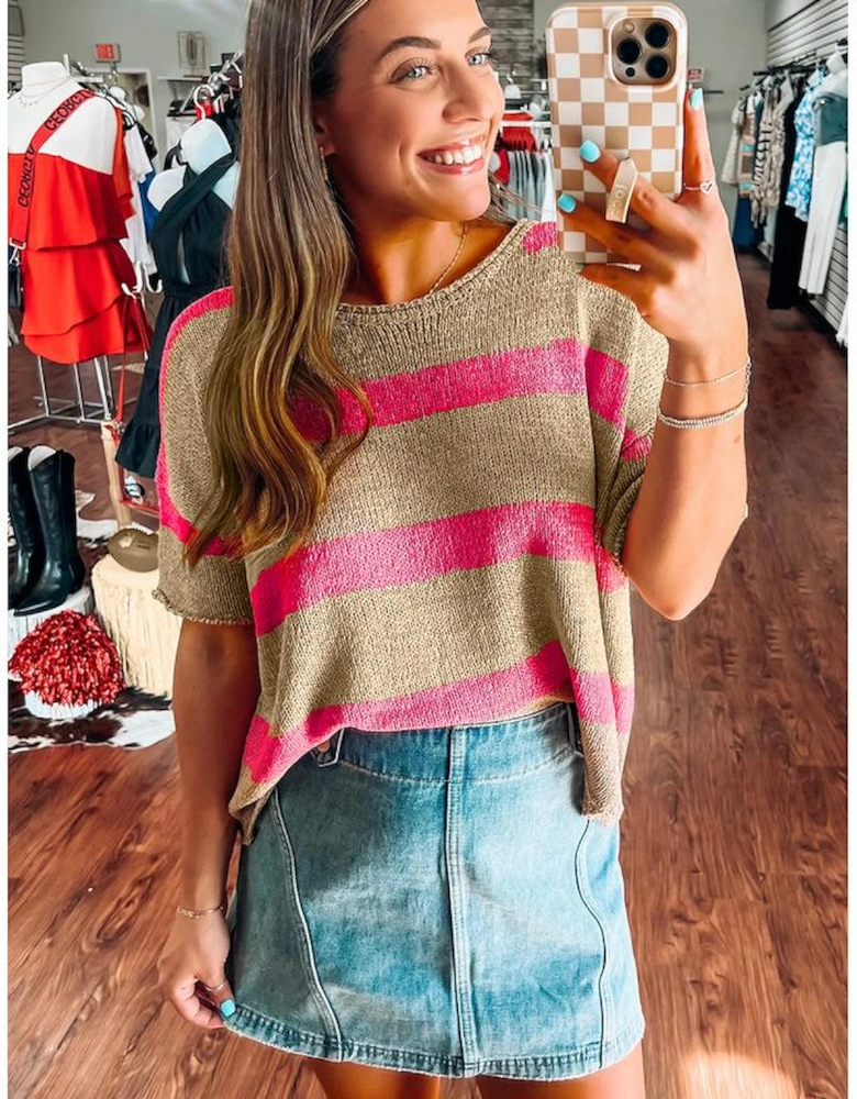 Pink Stripe Colorblock Short Sleeve Crew Neck Lightweight Sweater
