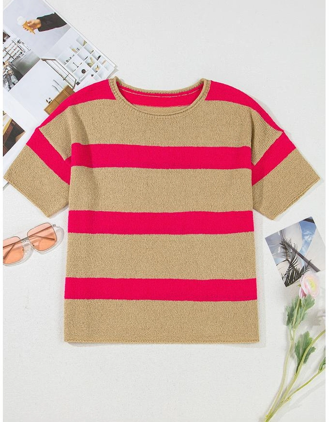Pink Stripe Colorblock Short Sleeve Crew Neck Lightweight Sweater
