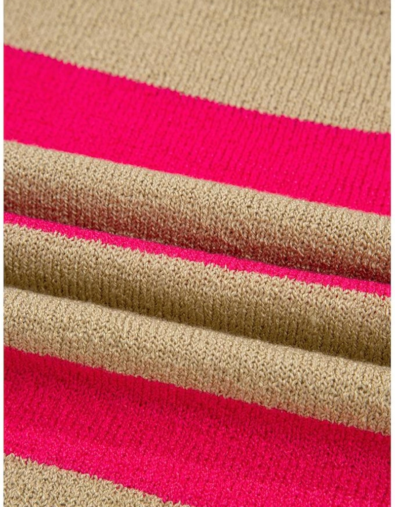 Pink Stripe Colorblock Short Sleeve Crew Neck Lightweight Sweater