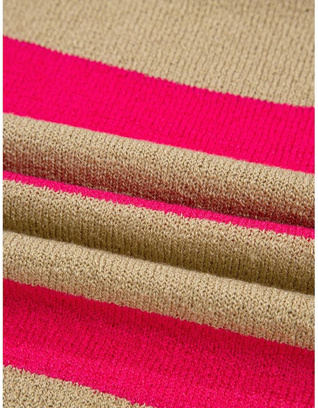 Pink Stripe Colorblock Short Sleeve Crew Neck Lightweight Sweater
