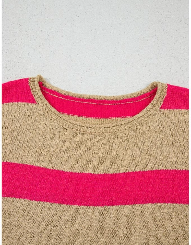 Pink Stripe Colorblock Short Sleeve Crew Neck Lightweight Sweater