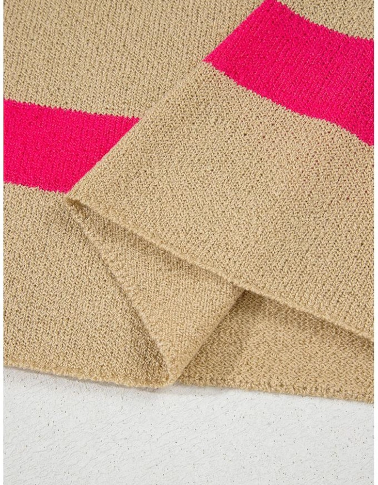 Pink Stripe Colorblock Short Sleeve Crew Neck Lightweight Sweater