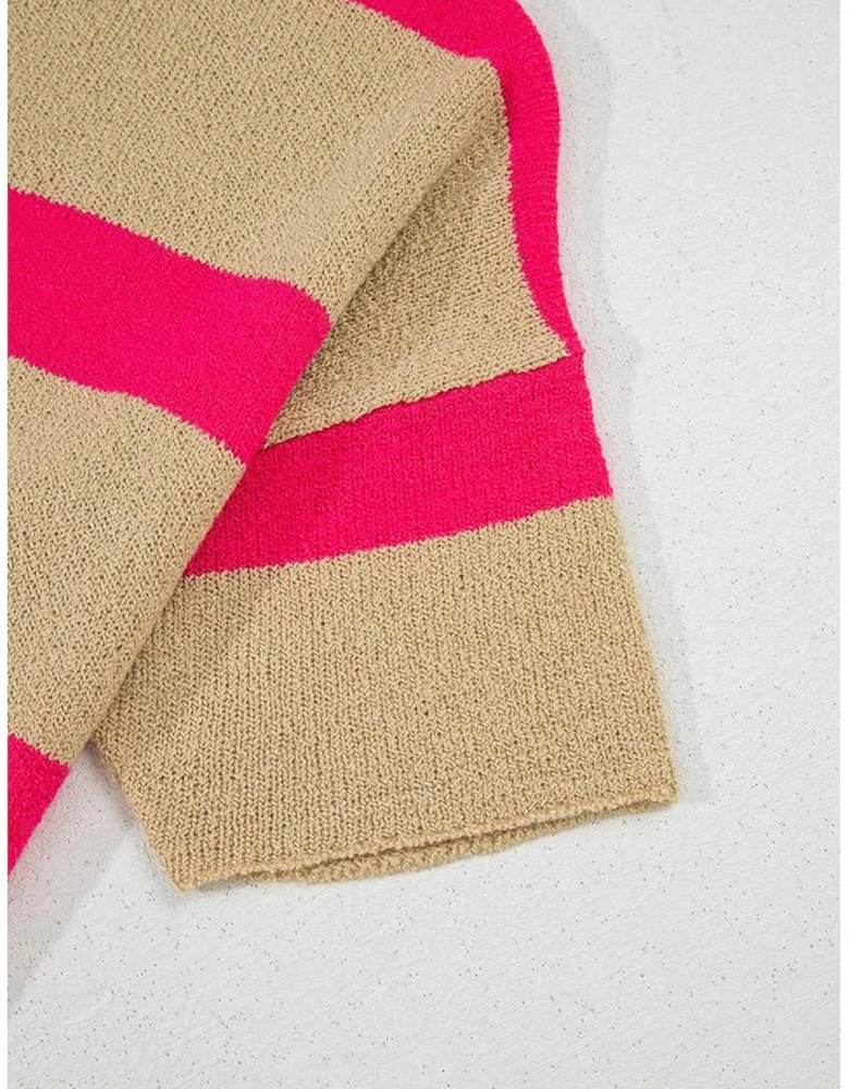 Pink Stripe Colorblock Short Sleeve Crew Neck Lightweight Sweater