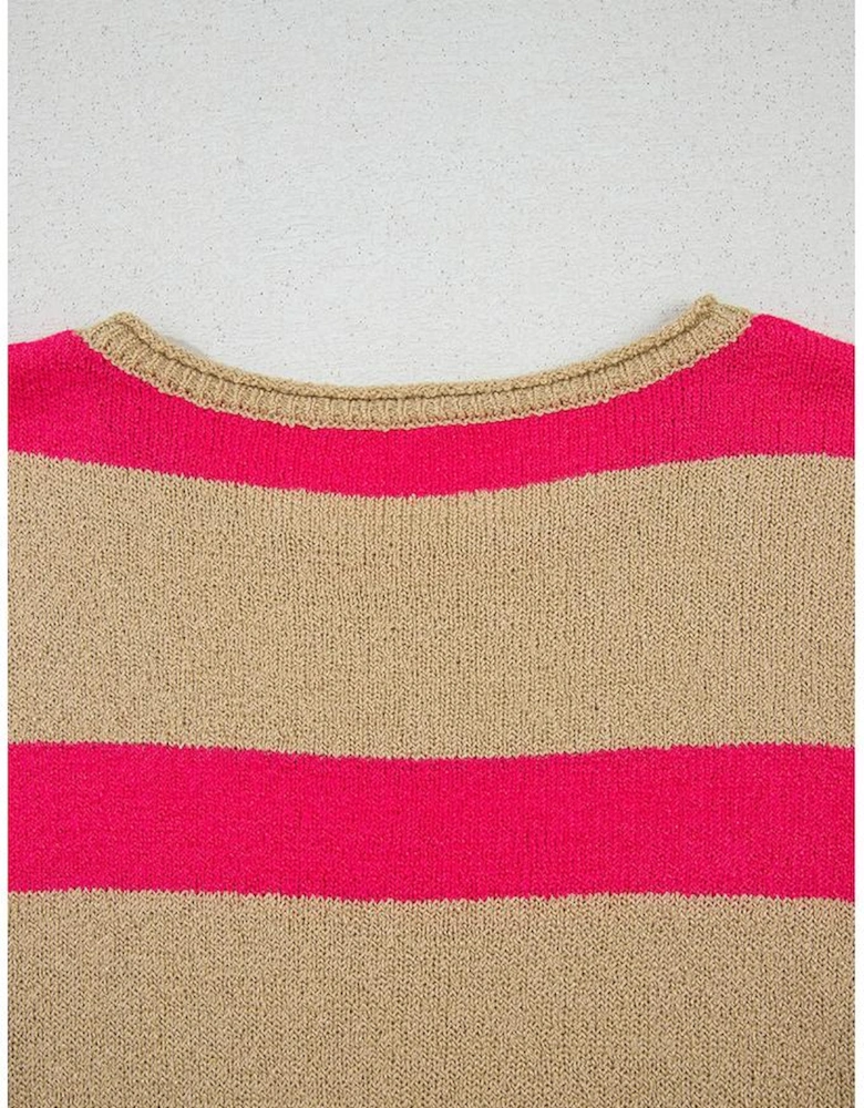 Pink Stripe Colorblock Short Sleeve Crew Neck Lightweight Sweater