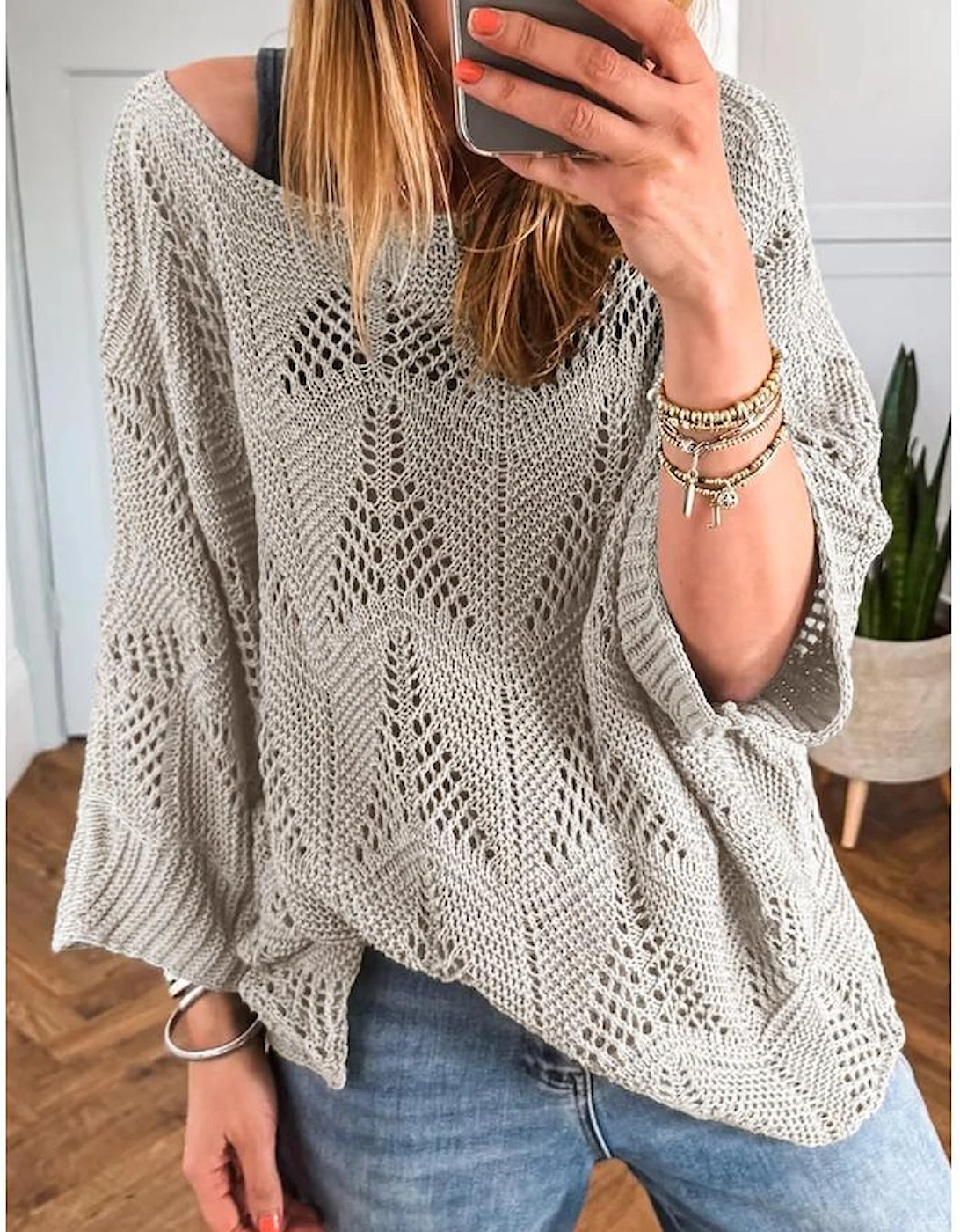 Seagrass Hollow Out Knit 7/8 Sleeve Casual Sweater, 5 of 4