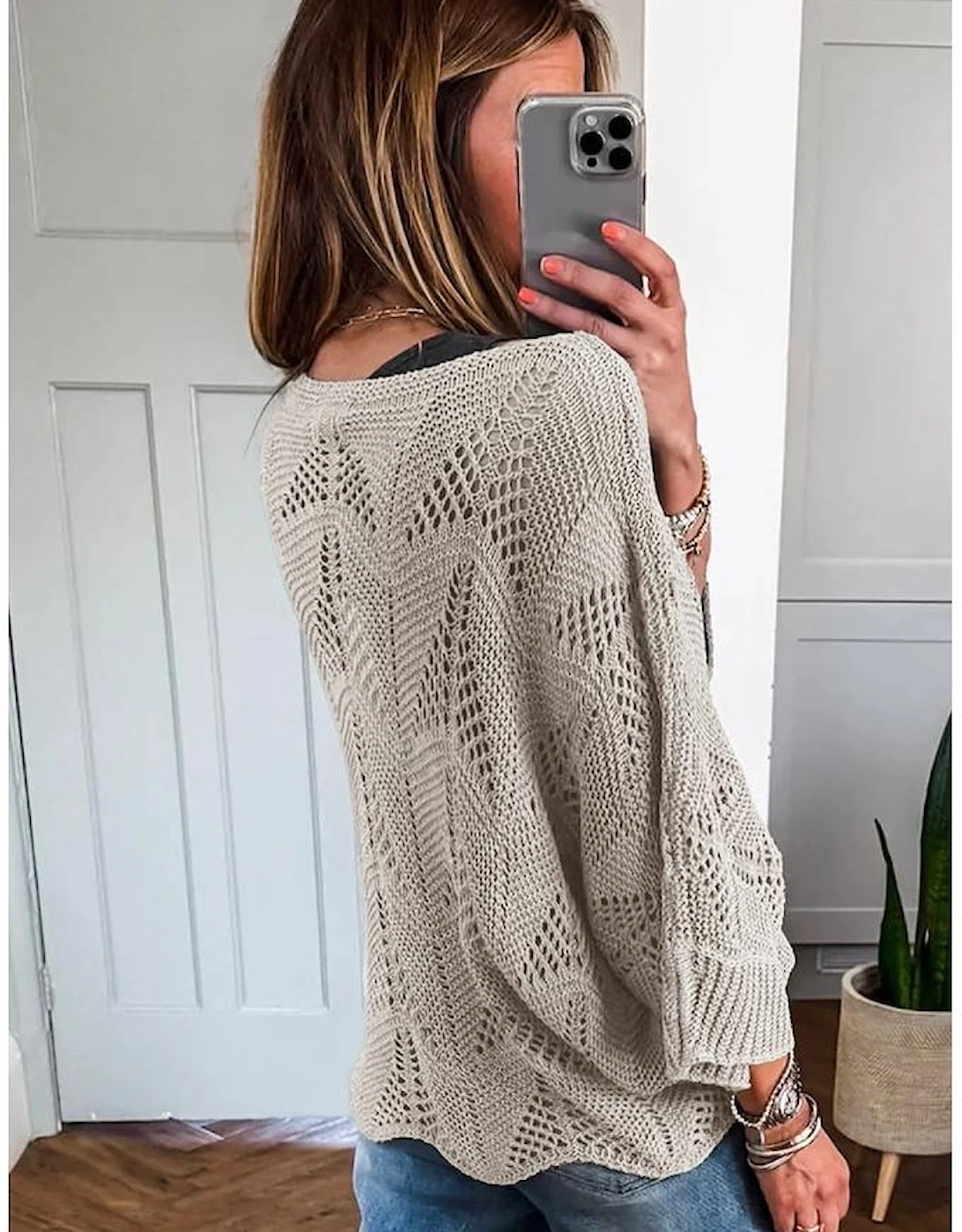 Seagrass Hollow Out Knit 7/8 Sleeve Casual Sweater