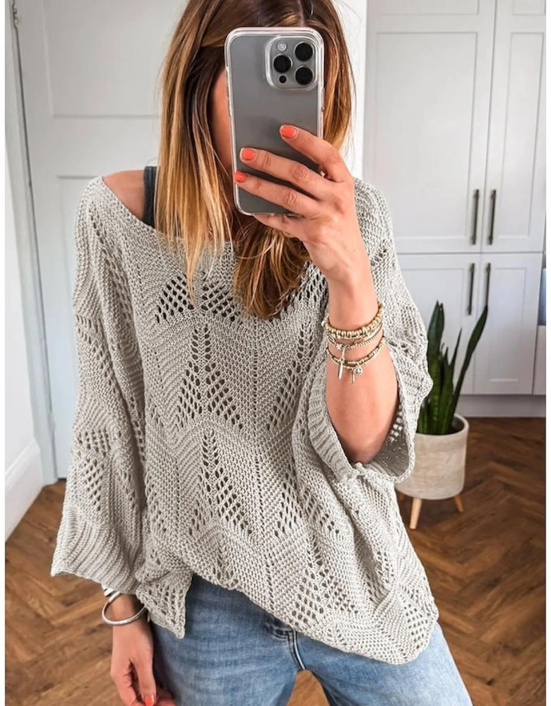 Seagrass Hollow Out Knit 7/8 Sleeve Casual Sweater