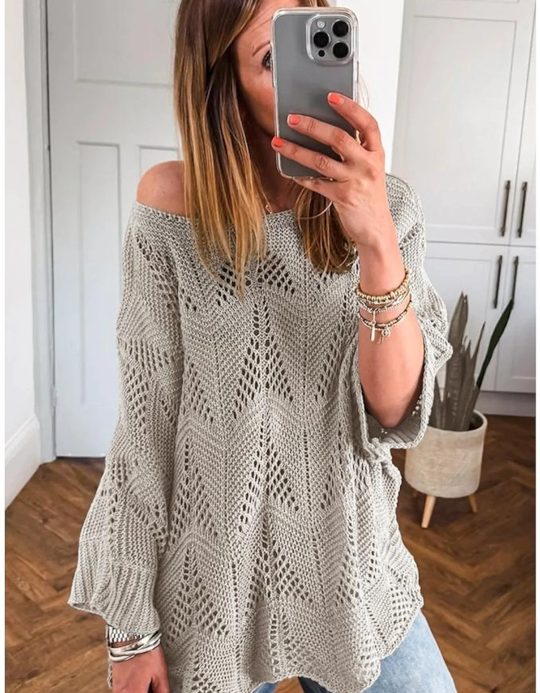 Seagrass Hollow Out Knit 7/8 Sleeve Casual Sweater