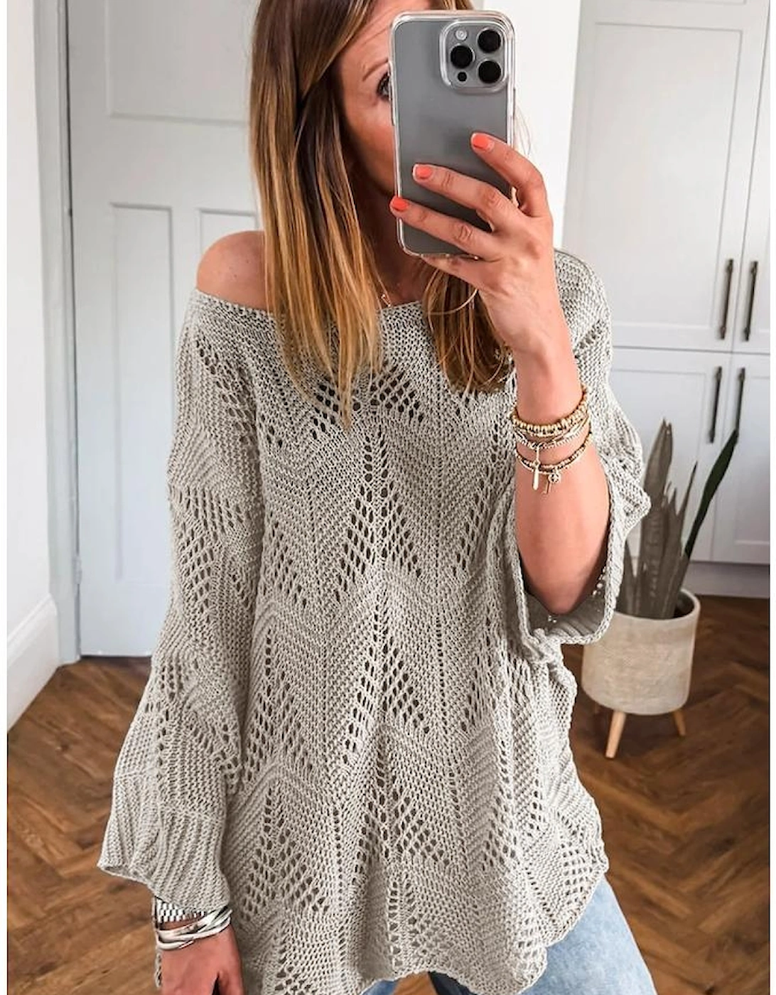 Seagrass Hollow Out Knit 7/8 Sleeve Casual Sweater