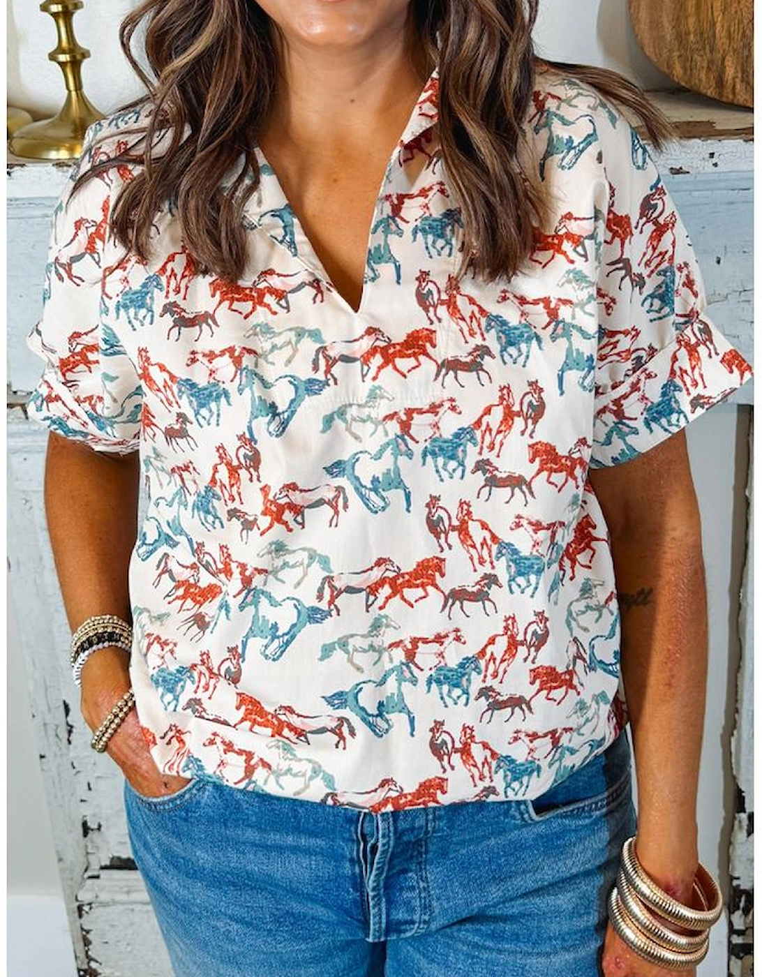 White Horse Galloping Allover Print Split Neck Plus Size Blouse, 12 of 11