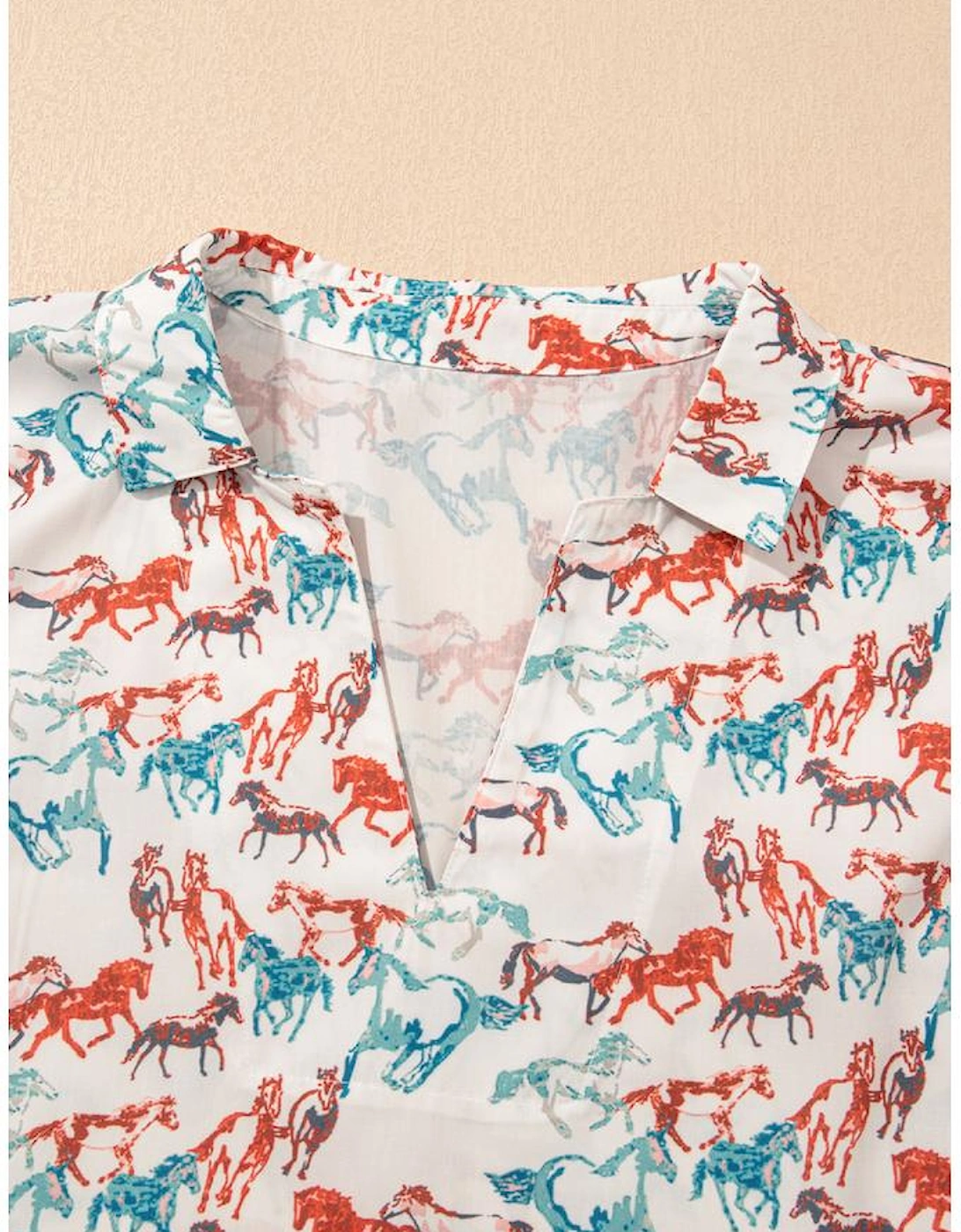 White Horse Galloping Allover Print Split Neck Plus Size Blouse