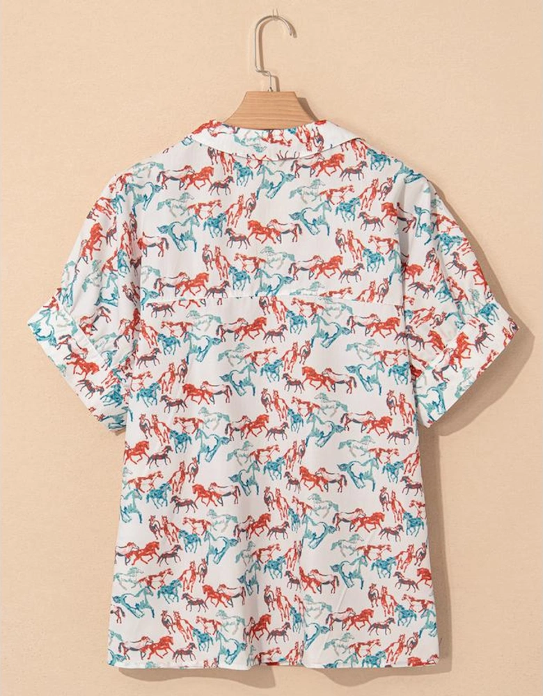 White Horse Galloping Allover Print Split Neck Plus Size Blouse