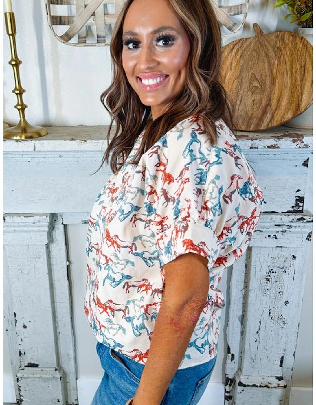 White Horse Galloping Allover Print Split Neck Plus Size Blouse