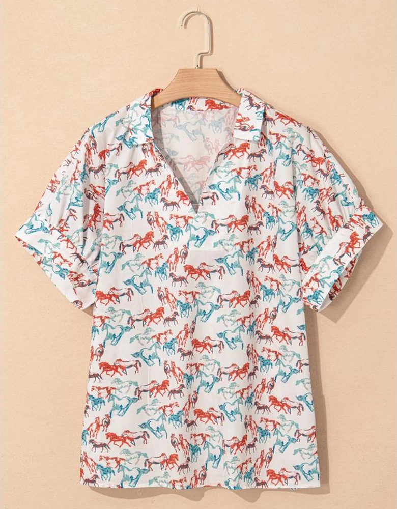 White Horse Galloping Allover Print Split Neck Plus Size Blouse