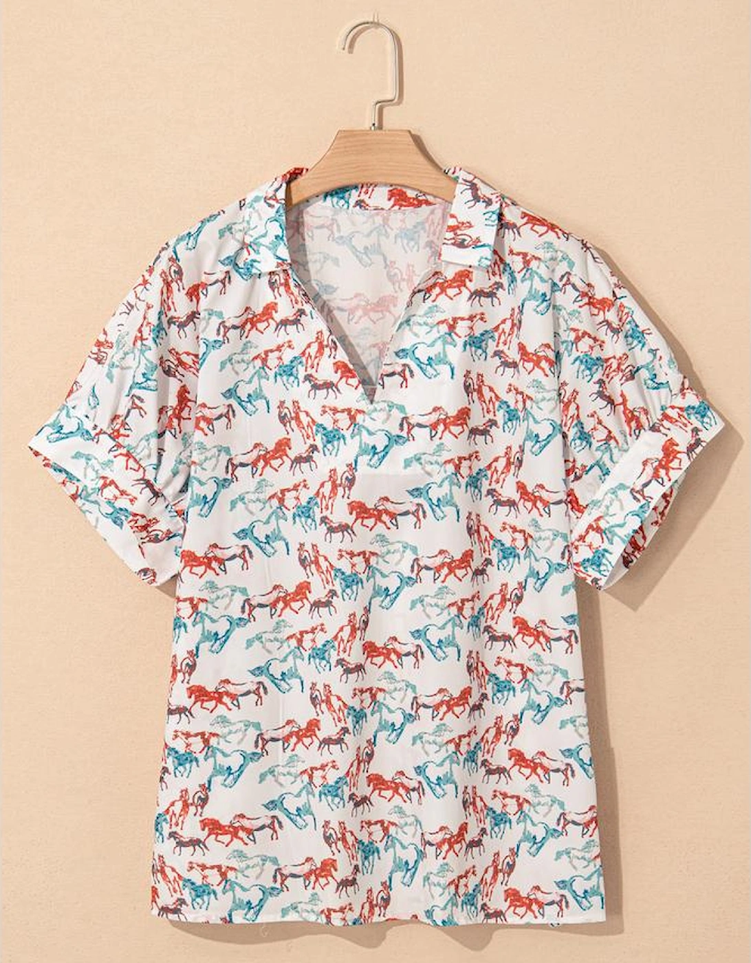 White Horse Galloping Allover Print Split Neck Plus Size Blouse