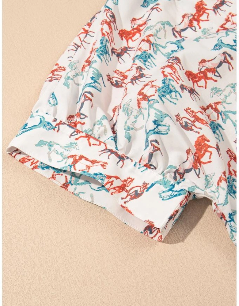 White Horse Galloping Allover Print Split Neck Plus Size Blouse