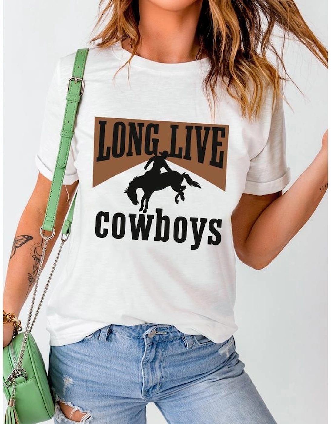 White LONG LIVE Cowboys Western Graphic Loose Tee