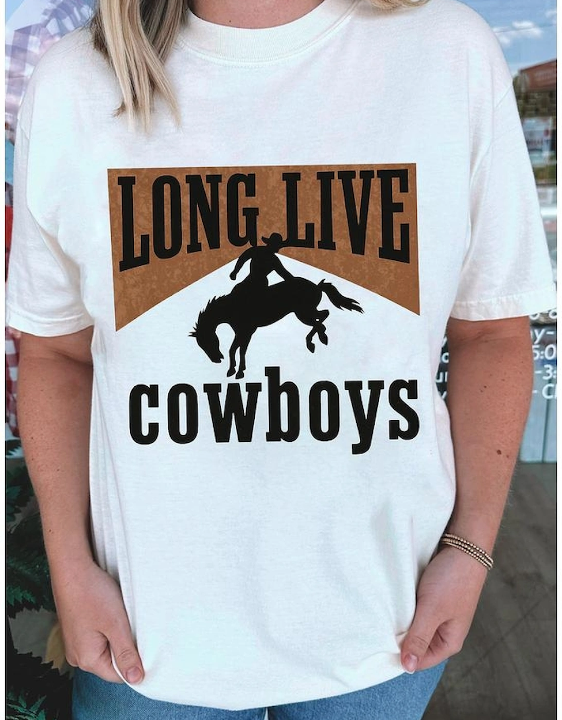 White LONG LIVE Cowboys Western Graphic Loose Tee