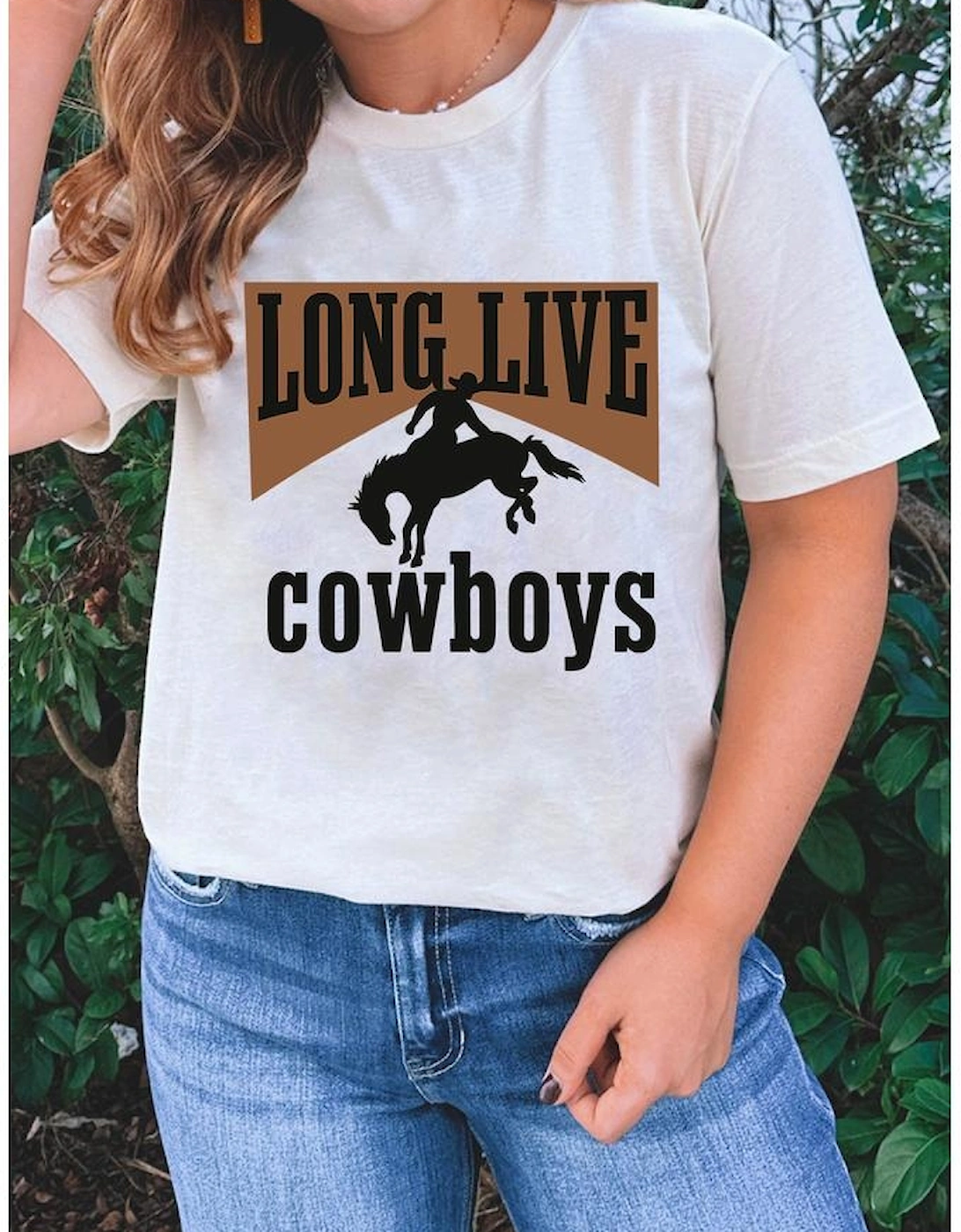 White LONG LIVE Cowboys Western Graphic Loose Tee