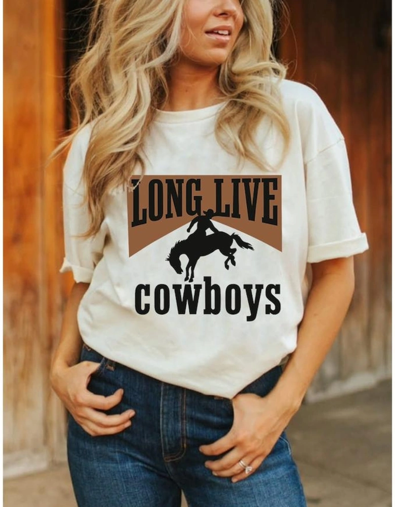 White LONG LIVE Cowboys Western Graphic Loose Tee