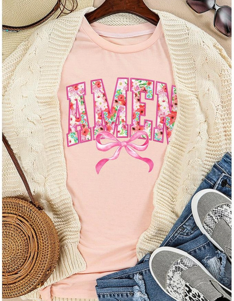 Pink Floral AMEN Bow Graphic Crewneck T Shirt