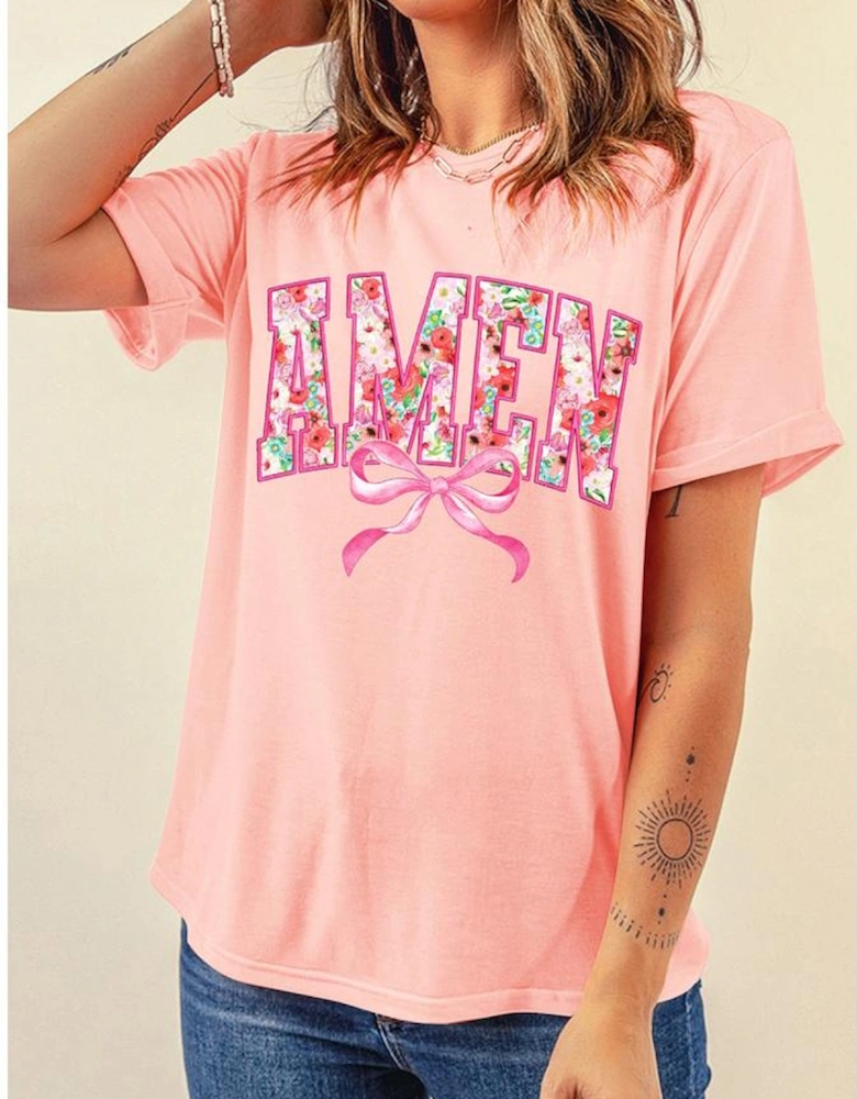 Pink Floral AMEN Bow Graphic Crewneck T Shirt