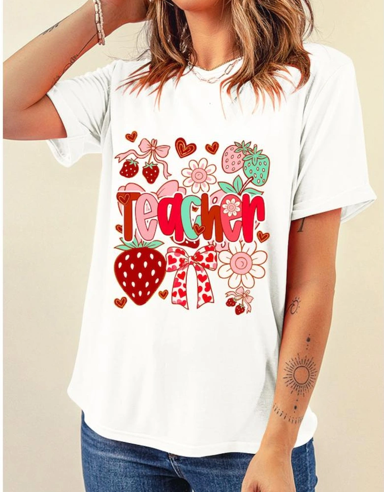 White Cute Strawberry Floral Teacher Graphic Custom Tee