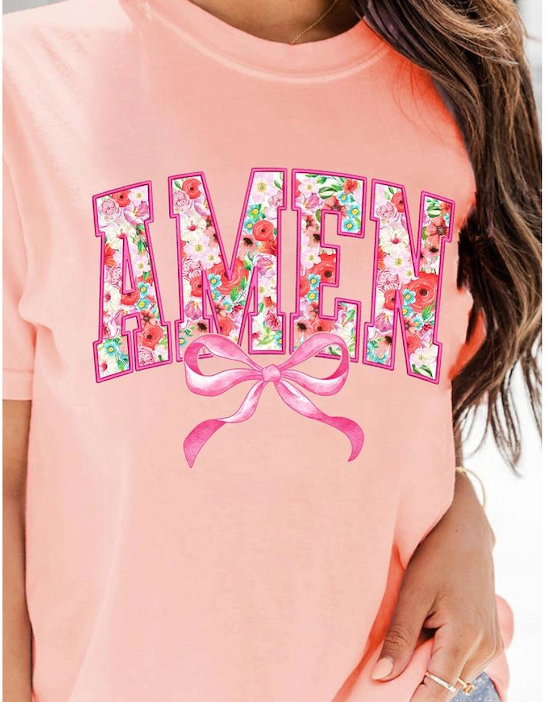 Pink Floral AMEN Bow Graphic Crewneck T Shirt