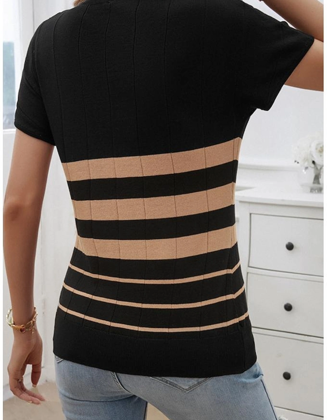 Black Striped Crew Neck Sweater T-shirt