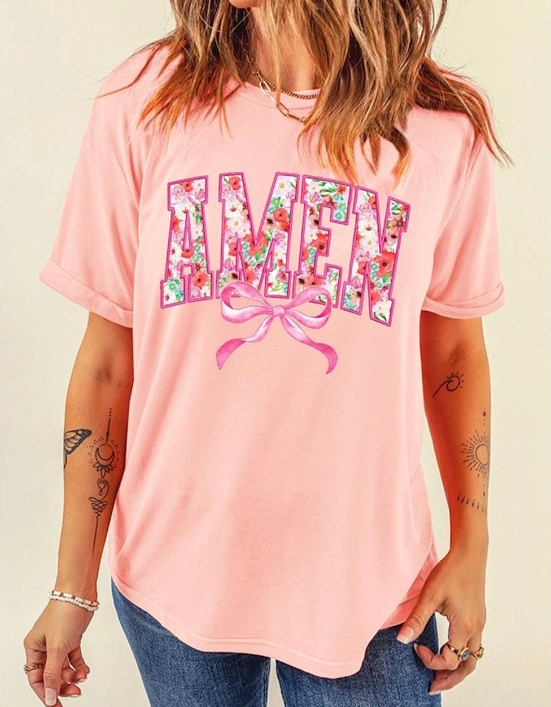Pink Floral AMEN Bow Graphic Crewneck T Shirt