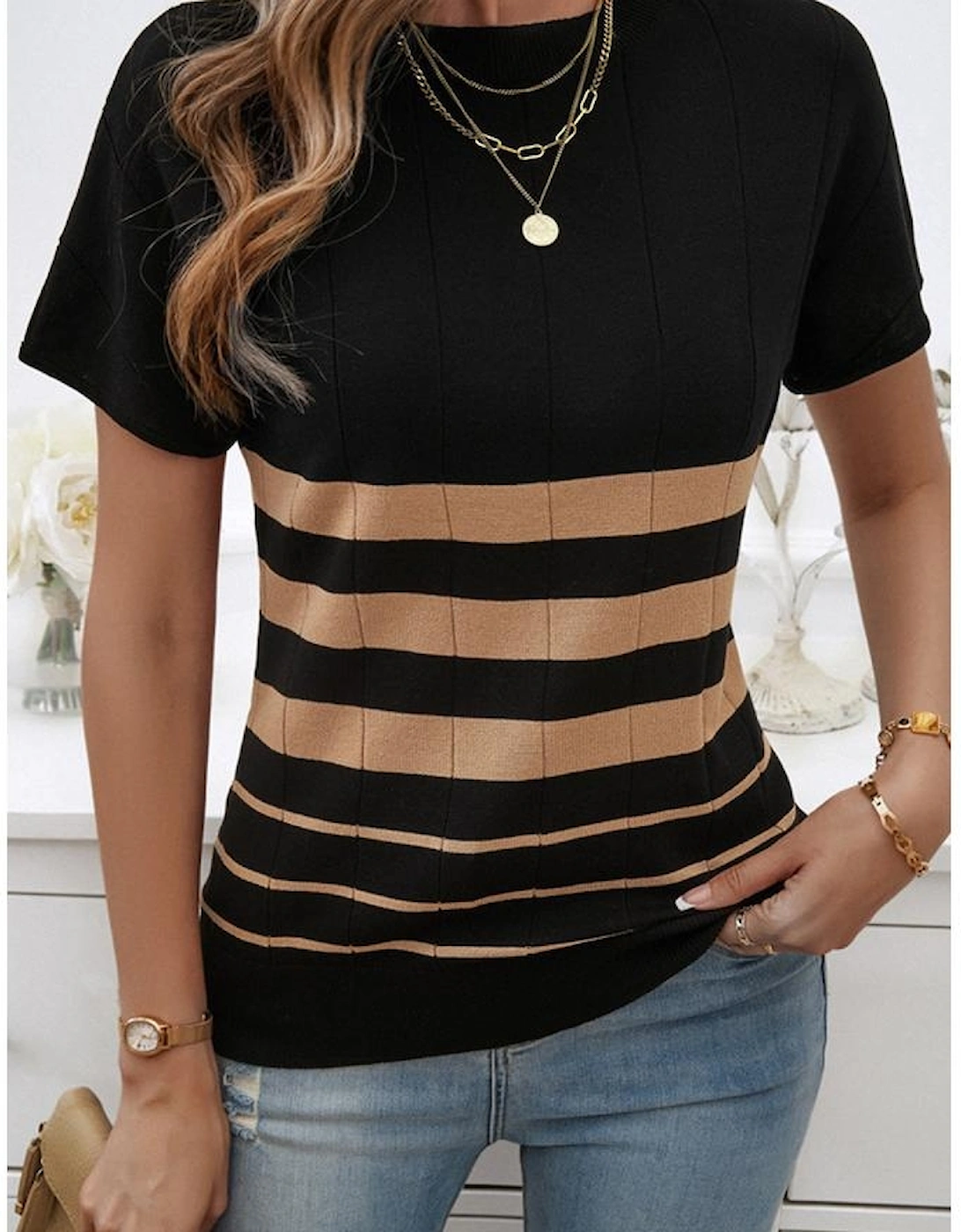 Black Striped Crew Neck Sweater T-shirt, 11 of 10