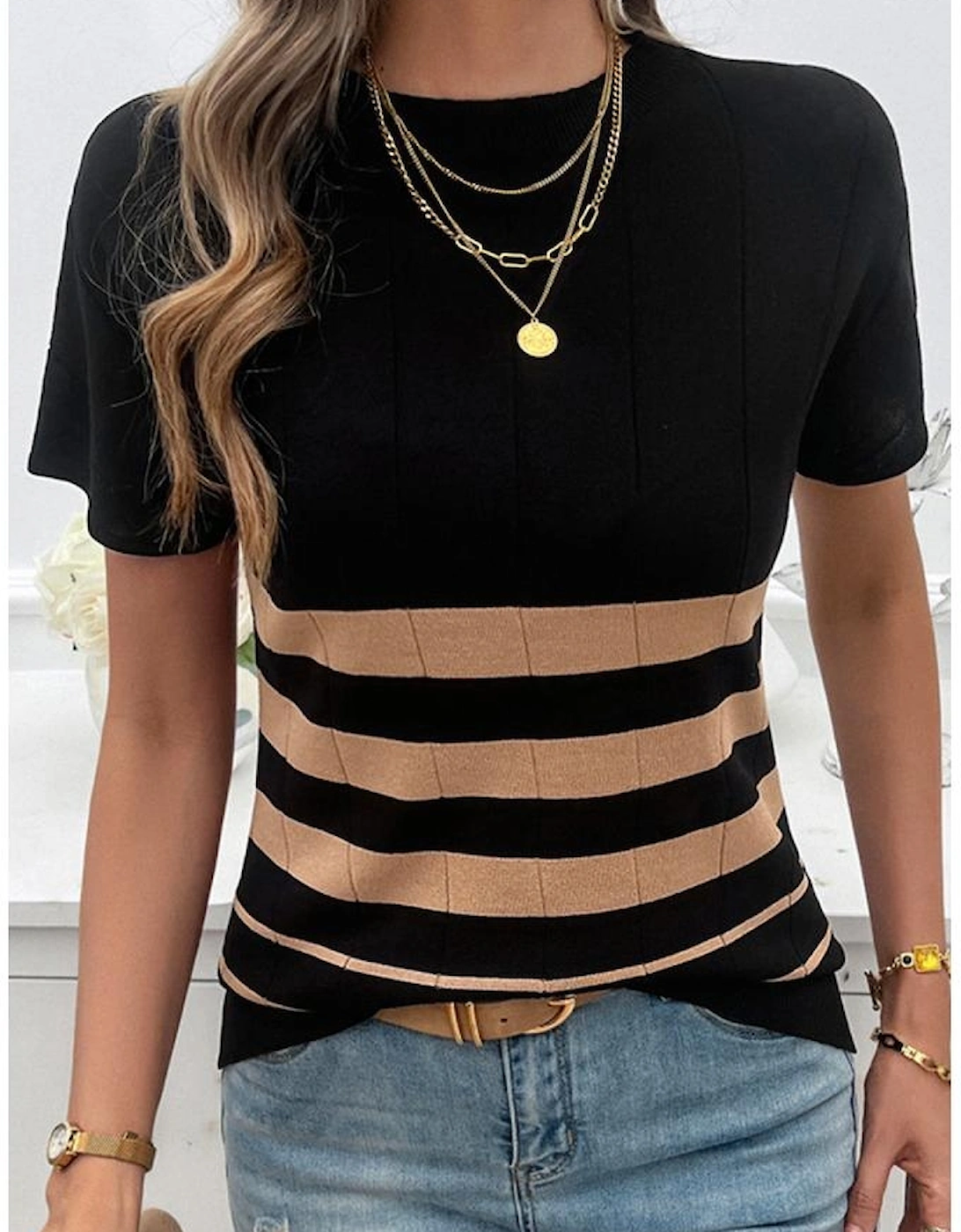 Black Striped Crew Neck Sweater T-shirt