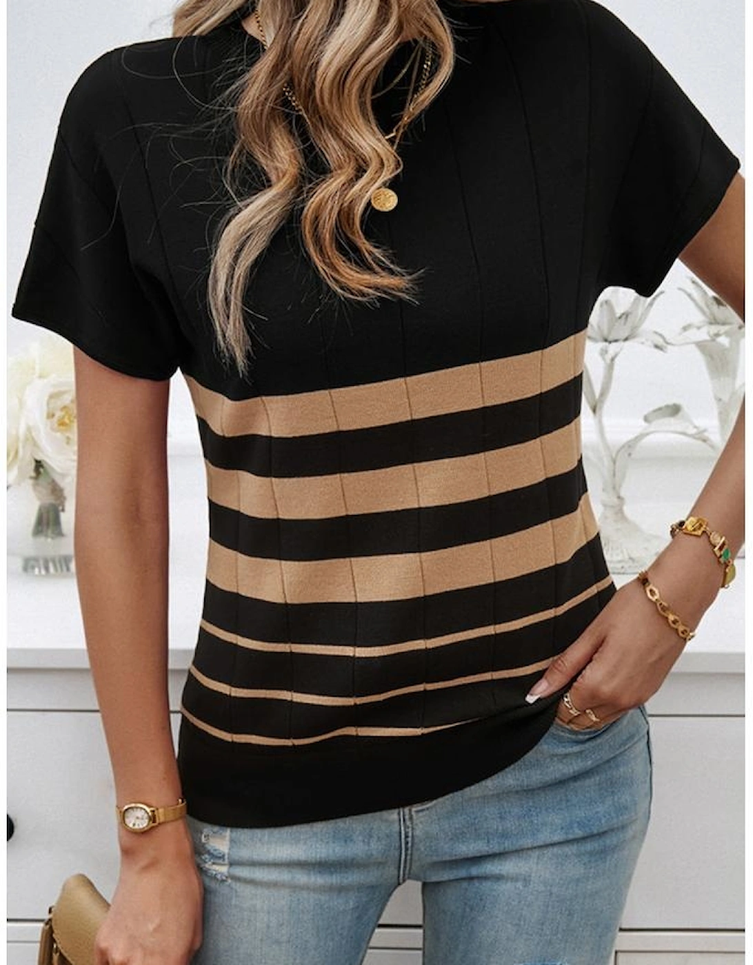 Black Striped Crew Neck Sweater T-shirt