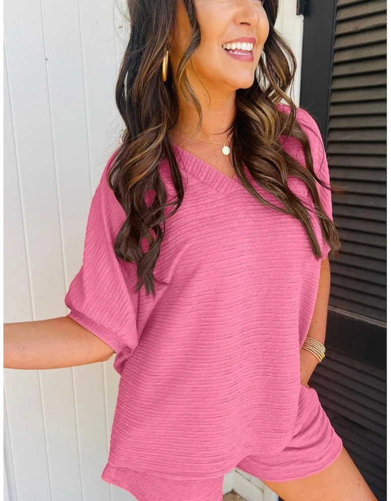 Pink Textured V Neck T Shirt and Shorts Set