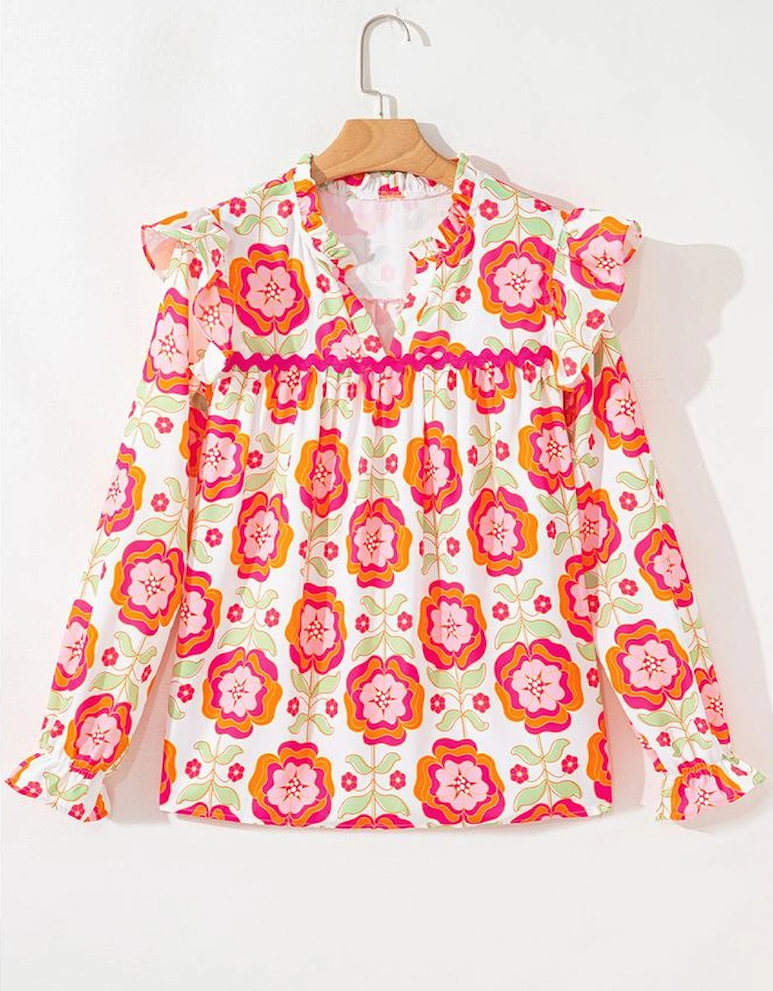 Rose Floral Printed Ruffled Long Sleeve Blouse