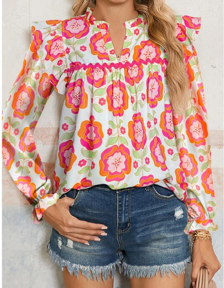 Rose Floral Printed Ruffled Long Sleeve Blouse