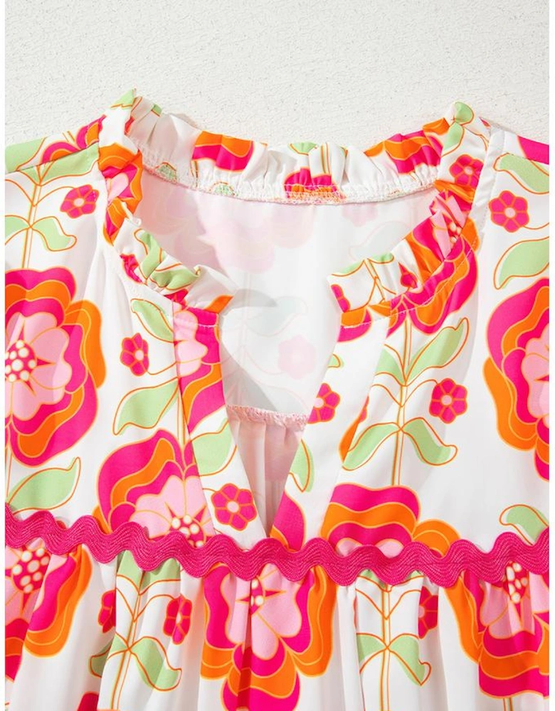 Rose Floral Printed Ruffled Long Sleeve Blouse