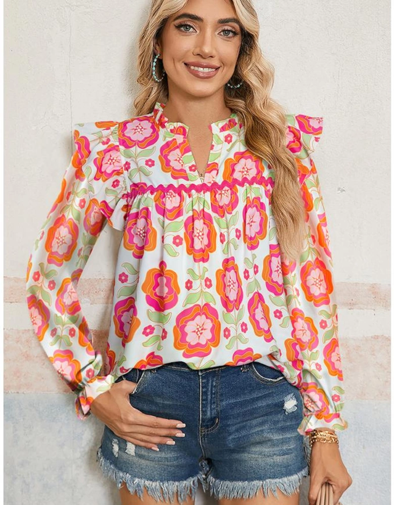 Rose Floral Printed Ruffled Long Sleeve Blouse