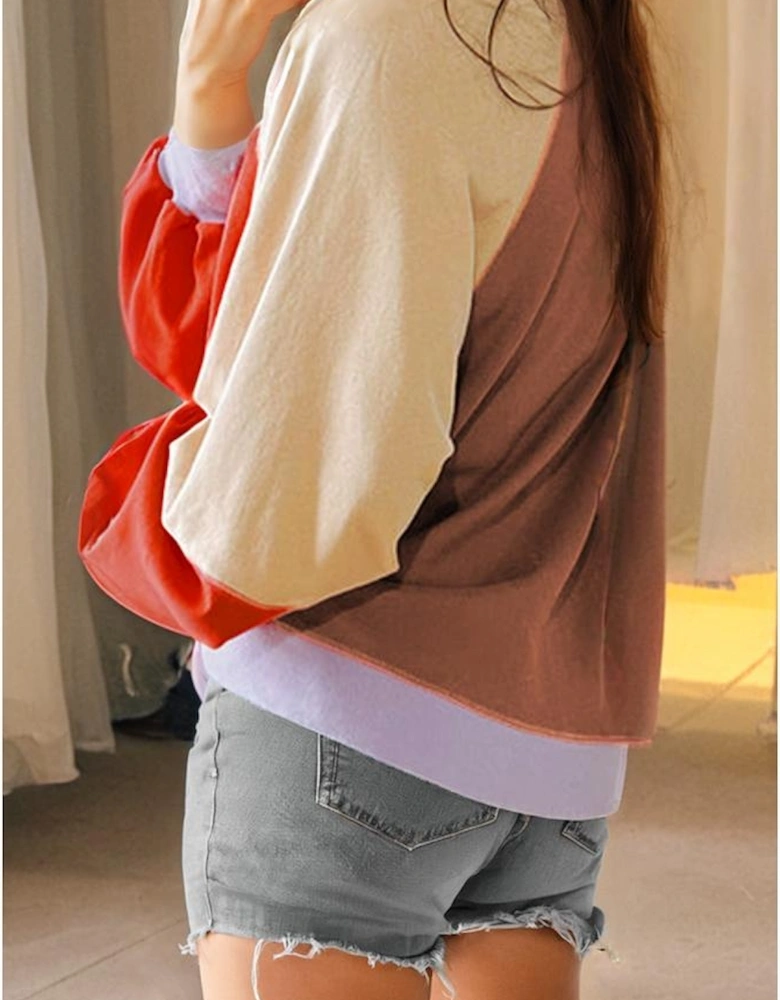 Orange Color Block Side Slits Raglan Sleeve Loose Fit Top